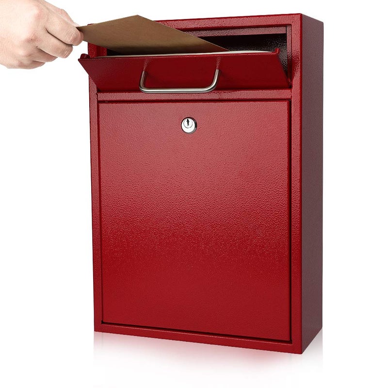 KYODOLED Steel Key Lock Mail Boxes Outdoor, Locking Wall Mount Mailbox, Security Key Drop Box, Collection Boxes for Home, Office or School,16.2H x 11.2L x 4.6W Inches, Red X Large - Image 1